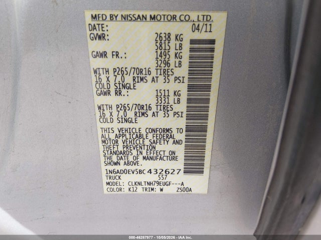 Продаж на аукціоні авто 2011 Nissan Frontier Sv, vin: 1N6AD0EV5BC432627, номер лоту: 46287977