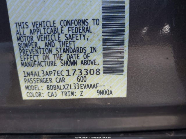 Aukcja sprzedaży 2014 Nissan Altima 2.5 Sl, vin: 1N4AL3AP7EC173308, numer aukcji: 46288001