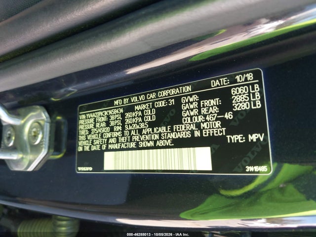 46288013 :رقم المزاد ، YV4A22PK3K1458434 vin ، 2019 Volvo Xc90 T6 Momentum مزاد بيع