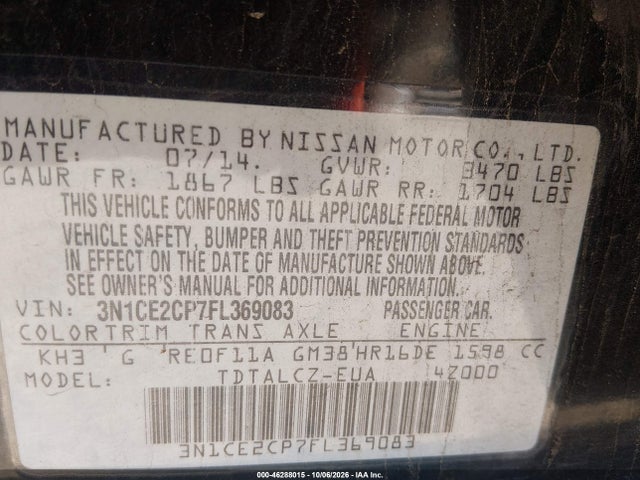 2015 Nissan Versa Note S Plus მანქანა იყიდება აუქციონზე, vin: 3N1CE2CP7FL369083, აუქციონის ნომერი: 46288015