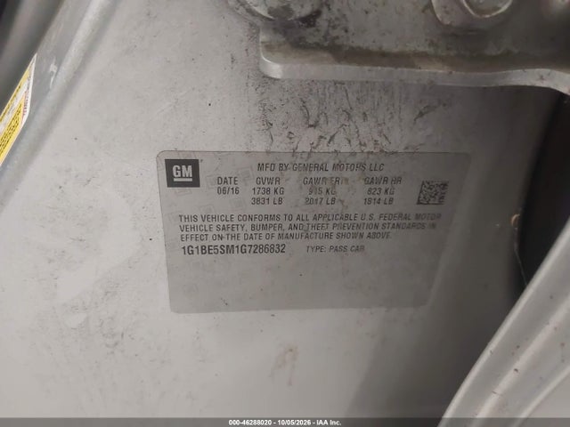 46288020 :رقم المزاد ، 1G1BE5SM1G7286832 vin ، 2016 Chevrolet Cruze Lt Auto مزاد بيع