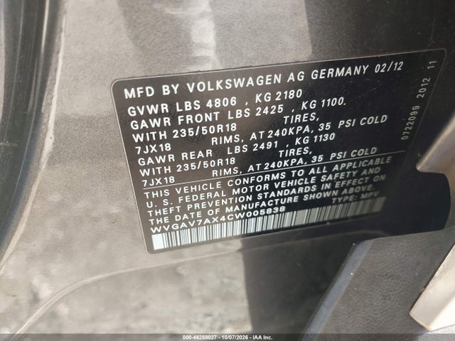 Aukcja sprzedaży 2012 Volkswagen Tiguan Se, vin: WVGAV7AX4CW005838, numer aukcji: 46288027