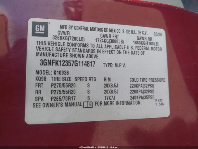 Aukcja sprzedaży 2007 Chevrolet Avalanche 1500 Lt, vin: 3GNFK12357G114817, numer aukcji: 46288028