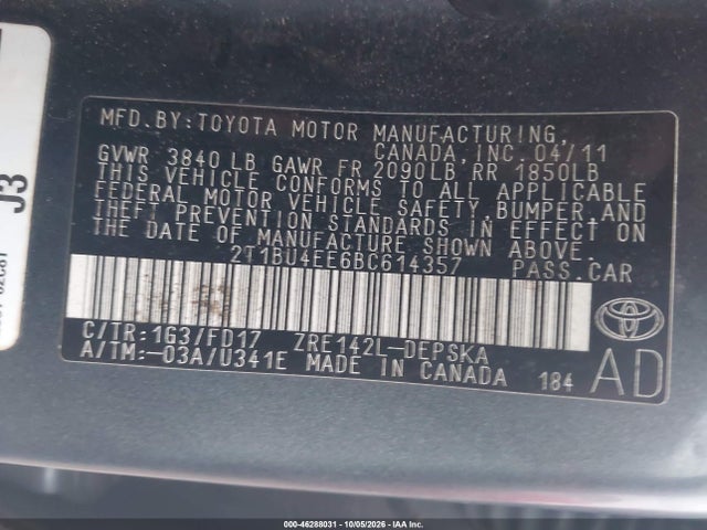 46288031 :رقم المزاد ، 2T1BU4EE6BC614357 vin ، 2011 Toyota Corolla S مزاد بيع