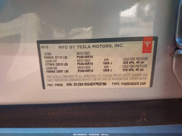Auction sale of the 2013 Tesla Model S, vin: 5YJSA1DG4DFP03790, lot number: 46288033