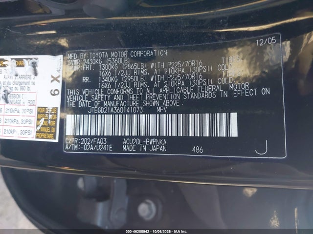 Продажа на аукционе авто 2006 Toyota Highlander, vin: JTEGD21A360141073, номер лота: 46288042