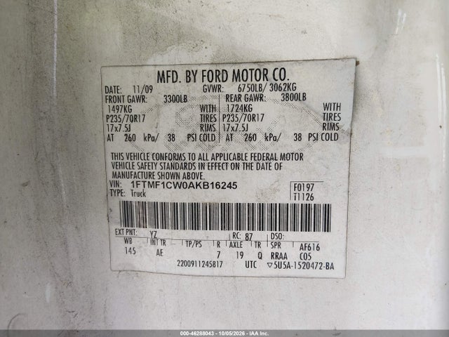 46288043 :رقم المزاد ، 1FTMF1CW0AKB16245 vin ، 2010 Ford F-150 Stx/xl/xlt مزاد بيع