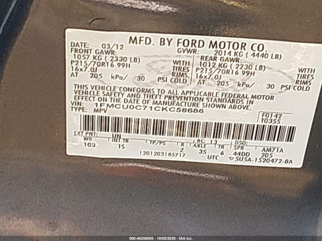 Auction sale of the 2012 Ford Escape Xls, vin: 1FMCU0C71CKC58686, lot number: 46288050