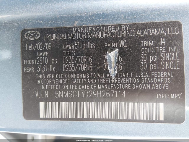 Продаж на аукціоні авто 2009 Hyundai Santa Fe Gls, vin: 5NMSG13D29H267114, номер лоту: 46288056