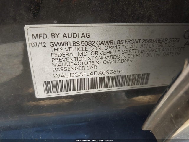 46288061 :رقم المزاد ، WAUDGAFL4DA096894 vin ، 2013 Audi S4 3.0t Premium Plus مزاد بيع