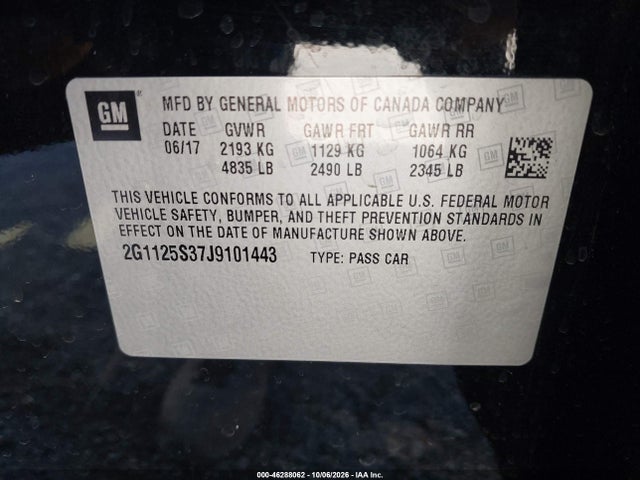 Aukcja sprzedaży 2018 Chevrolet Impala 2lz, vin: 2G1125S37J9101443, numer aukcji: 46288062