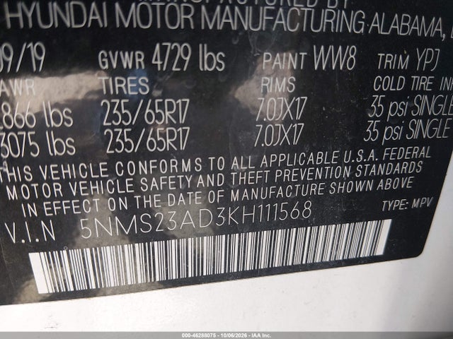Aukcja sprzedaży 2019 Hyundai Santa Fe Se, vin: 5NMS23AD3KH111568, numer aukcji: 46288075