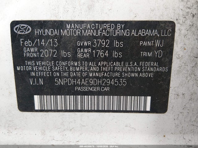 2013 Hyundai Elantra Gls მანქანა იყიდება აუქციონზე, vin: 5NPDH4AE9DH294535, აუქციონის ნომერი: 46288078