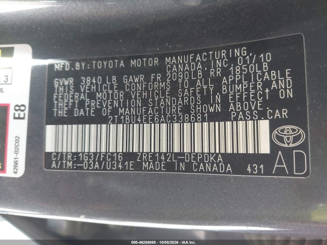 2010 Toyota Corolla Le მანქანა იყიდება აუქციონზე, vin: 2T1BU4EE6AC338681, აუქციონის ნომერი: 46288088