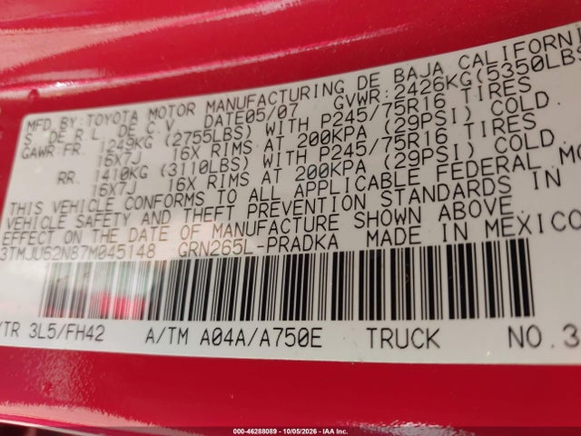 2007 Toyota Tacoma Prerunner V6 მანქანა იყიდება აუქციონზე, vin: 3TMJU62N87M045148, აუქციონის ნომერი: 46288089