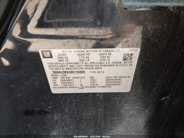 46288090 :رقم المزاد ، 2GNALDEK0D6106885 vin ، 2013 Chevrolet Equinox 1lt مزاد بيع