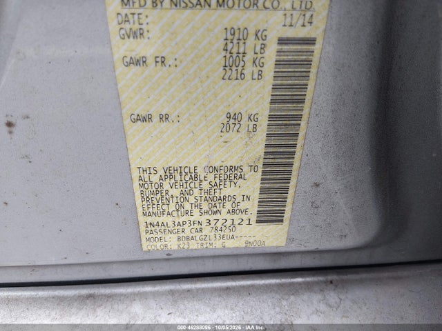 Продаж на аукціоні авто 2015 Nissan Altima 2.5 S, vin: 1N4AL3AP3FN372121, номер лоту: 46288096