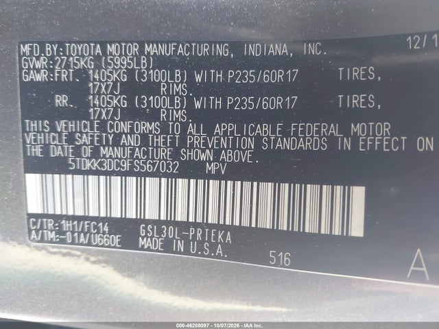 Toyota Sienna Le 8 Passenger 2015 5TDKK3DC9FS567032 Image 9