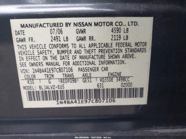 46288099 :رقم المزاد ، 1N4BA41E97C807106 vin ، 2007 Nissan Maxima 3.5 Se مزاد بيع