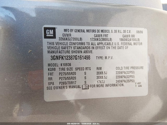 46288105 :رقم المزاد ، 3GNFK12387G161498 vin ، 2007 Chevrolet Avalanche 1500 Lt مزاد بيع