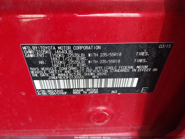 46288113 :رقم المزاد ، JTMDFREV3FD130655 vin ، 2015 Toyota Rav4 Limited مزاد بيع