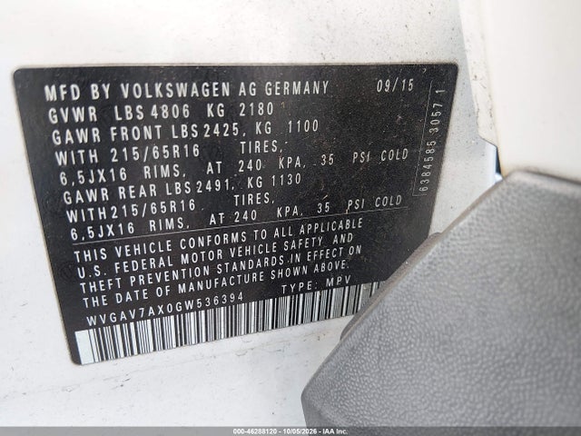 Aukcja sprzedaży 2016 Volkswagen Tiguan R-line/s/se/sel, vin: WVGAV7AX0GW536394, numer aukcji: 46288120