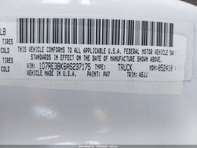 46288126 :رقم المزاد ، 1D7RE3BK6AS237175 vin ، 2010 Dodge Dakota Bighorn/lonestar مزاد بيع