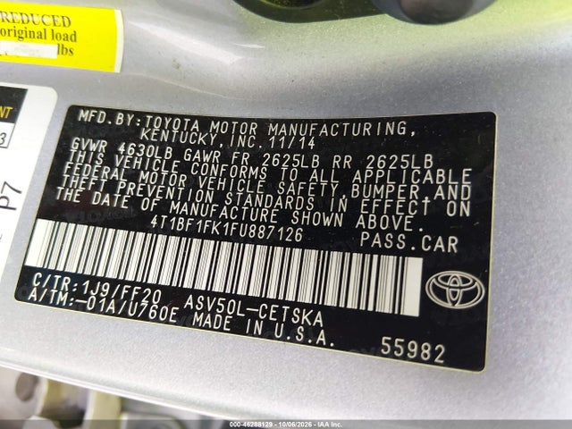 46288129 :رقم المزاد ، 4T1BF1FK1FU887126 vin ، 2015 Toyota Camry Se مزاد بيع