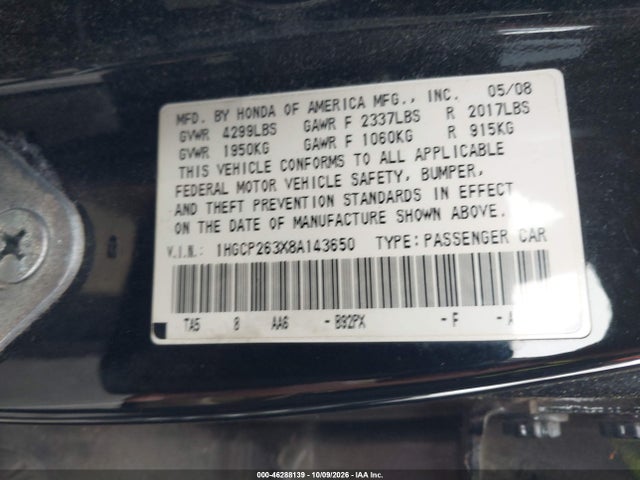Продажа на аукционе авто 2008 Honda Accord 2.4 Lx, vin: 1HGCP263X8A143650, номер лота: 46288139