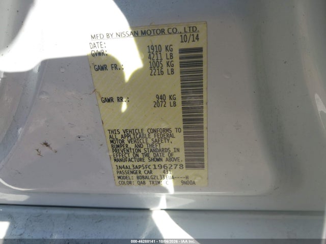 Aukcja sprzedaży 2015 Nissan Altima 2.5 S, vin: 1N4AL3AP5FC196278, numer aukcji: 46288141