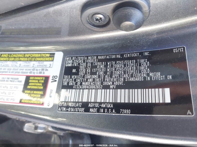 46288157 :رقم المزاد ، 4T3ZA3BB4CU062652 vin ، 2012 Toyota Venza Xle مزاد بيع