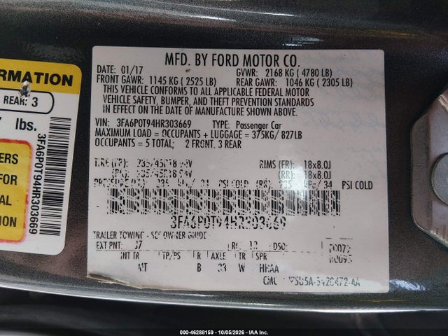 Продажа на аукционе авто 2017 Ford Fusion Se, vin: 3FA6P0T94HR303669, номер лота: 46288159