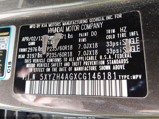 Aukcja sprzedaży 2012 Hyundai Santa Fe Se, vin: 5XYZH4AGXCG146181, numer aukcji: 46288164
