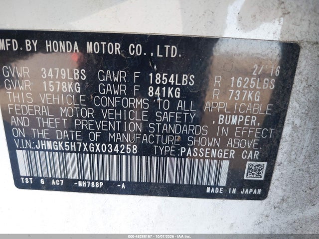 2016 Honda Fit Ex მანქანა იყიდება აუქციონზე, vin: JHMGK5H7XGX034258, აუქციონის ნომერი: 46288167