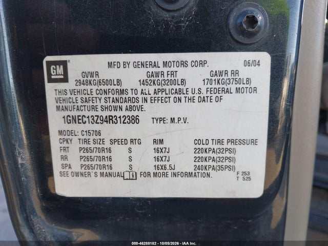 46288182 :رقم المزاد ، 1GNEC13Z94R312386 vin ، 2004 Chevrolet Tahoe Ls مزاد بيع