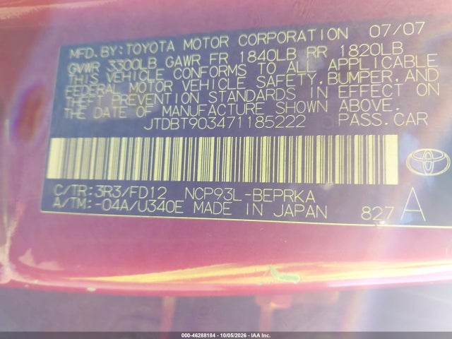 Продаж на аукціоні авто 2007 Toyota Yaris, vin: JTDBT903471185222, номер лоту: 46288184