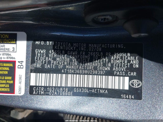 46288185 :رقم المزاد ، 4T1BK36B98U298397 vin ، 2008 Toyota Avalon Touring مزاد بيع