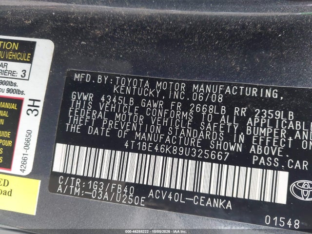 46288222 :رقم المزاد ، 4T1BE46K89U325667 vin ، 2009 Toyota Camry Le مزاد بيع