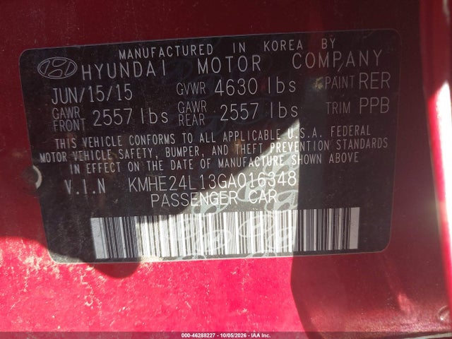 2016 Hyundai Sonata Hybrid Se მანქანა იყიდება აუქციონზე, vin: KMHE24L13GA016348, აუქციონის ნომერი: 46288227
