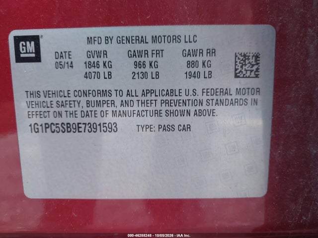 2014 Chevrolet Cruze 1lt Auto მანქანა იყიდება აუქციონზე, vin: 1G1PC5SB9E7391593, აუქციონის ნომერი: 46288248