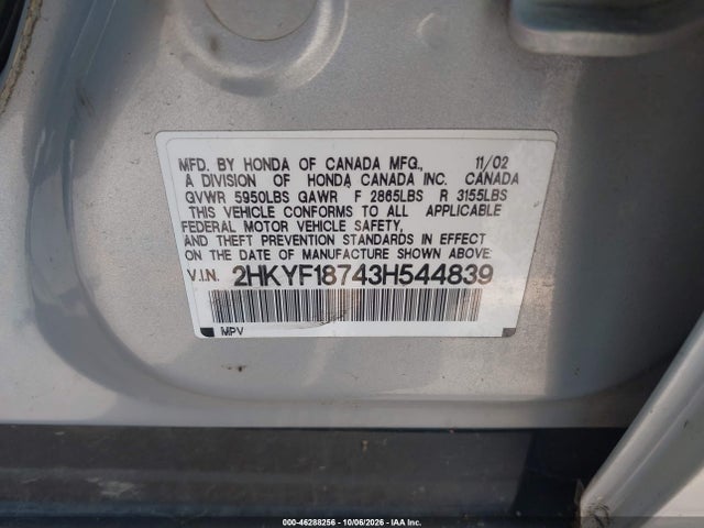 46288256 :رقم المزاد ، 2HKYF18743H544839 vin ، 2003 Honda Pilot Ex-l مزاد بيع