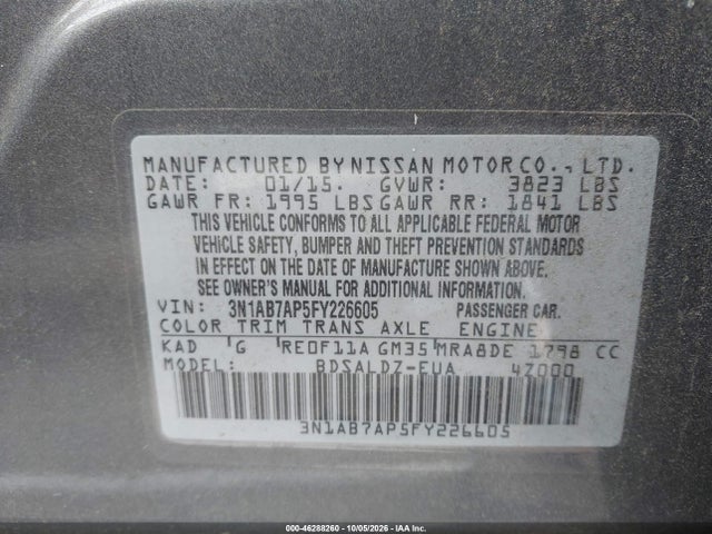 Продаж на аукціоні авто 2015 Nissan Sentra Sv, vin: 3N1AB7AP5FY226605, номер лоту: 46288260