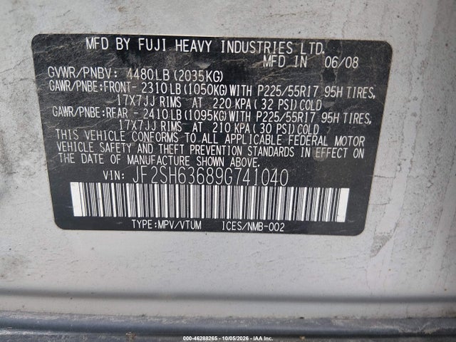 46288265 :رقم المزاد ، JF2SH63689G741040 vin ، 2009 Subaru Forester 2.5x مزاد بيع