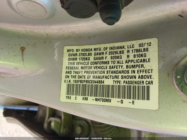 46288267 :رقم المزاد ، 19XFB2F95CE044884 vin ، 2012 Honda Civic Ex-l مزاد بيع