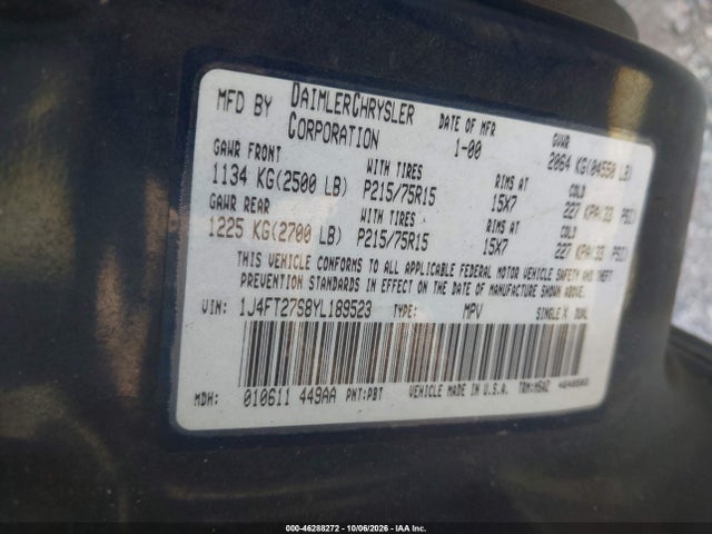 2000 Jeep Cherokee Se მანქანა იყიდება აუქციონზე, vin: 1J4FT27S8YL189523, აუქციონის ნომერი: 46288272