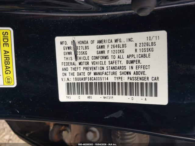 46288302 :رقم المزاد ، 19UUA9F58CA005114 vin ، 2012 Acura Tl 3.7 مزاد بيع