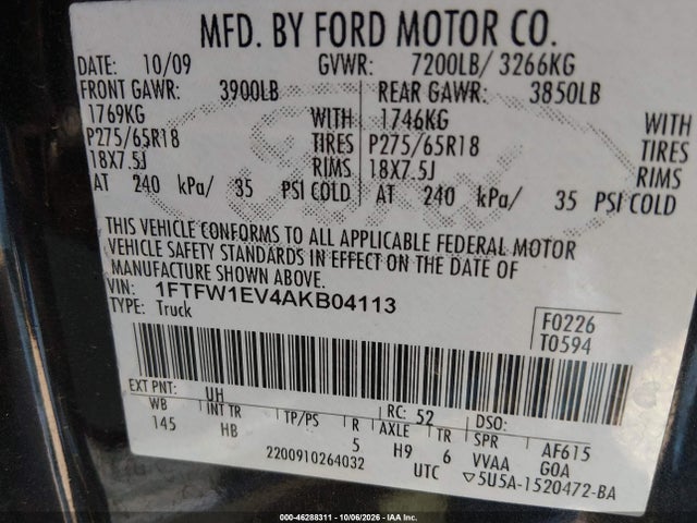 Aukcja sprzedaży 2010 Ford F-150 Fx4/harley-davidson/king Ranch/lariat/platinum/xl/xlt, vin: 1FTFW1EV4AKB04113, numer aukcji: 46288311