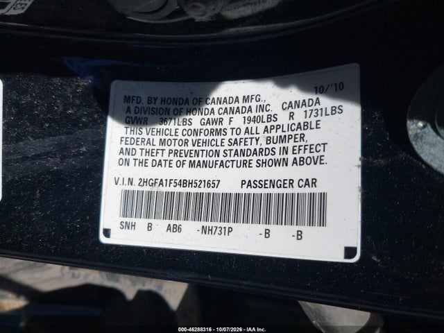Aukcja sprzedaży 2011 Honda Civic Lx, vin: 2HGFA1F54BH521657, numer aukcji: 46288316