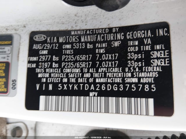 2013 Kia Sorento Lx V6 მანქანა იყიდება აუქციონზე, vin: 5XYKTDA26DG375785, აუქციონის ნომერი: 46288317
