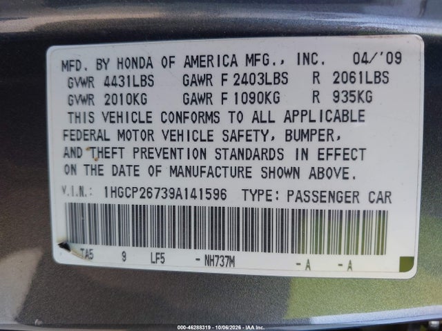 2009 Honda Accord 2.4 Ex მანქანა იყიდება აუქციონზე, vin: 1HGCP26739A141596, აუქციონის ნომერი: 46288319